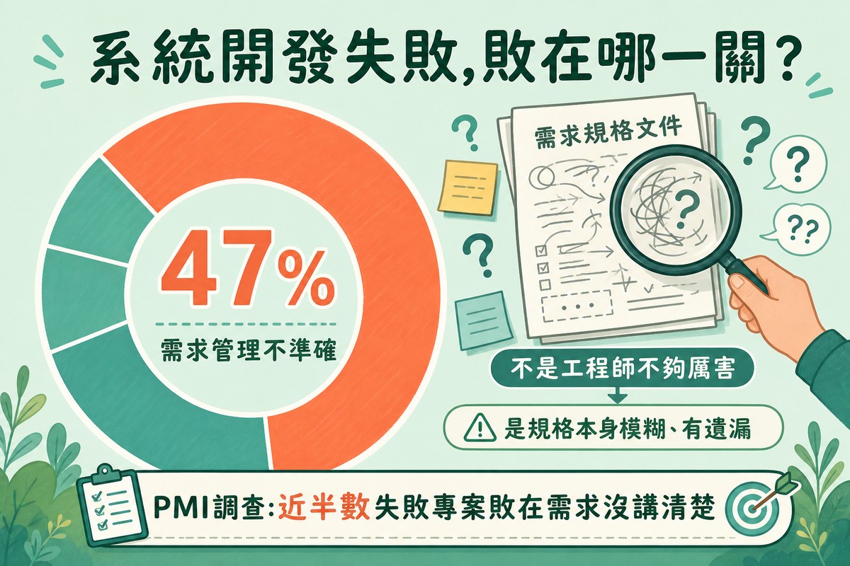 左側甜甜圈圖有一大塊珊瑚橘色區塊佔將近一半並標示47%,代表需求管理不準確的失敗比例,右側放大鏡照著一份潦草塗改、佈滿問號的需求文件,而不是照著電腦或工程師