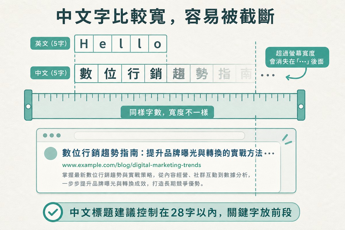 一把量尺比較英文與中文標題的寬度，中文字明顯較寬，後半段文字漸漸透明消失在搜尋結果卡片邊緣的刪節號後面
