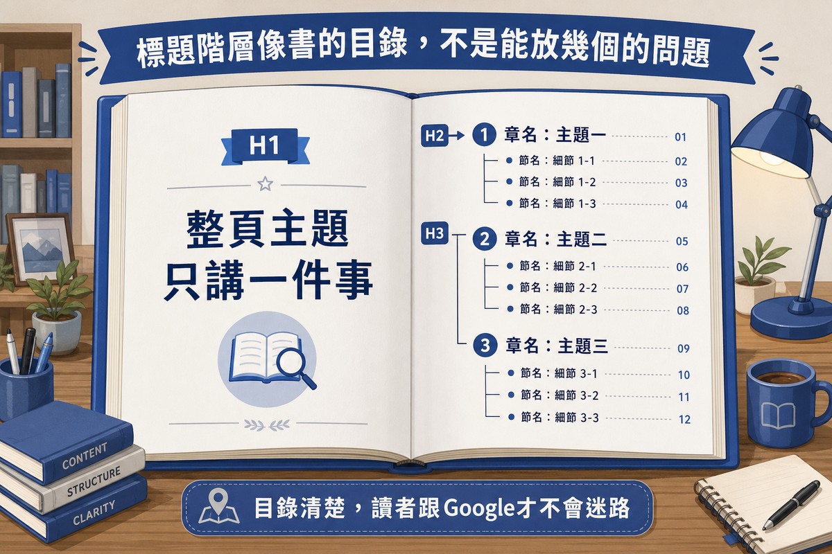 一本翻開的書，左頁是寫著大標題的書名頁代表H1，右頁是目錄列出較大字的章名代表H2與縮排的節名代表H3