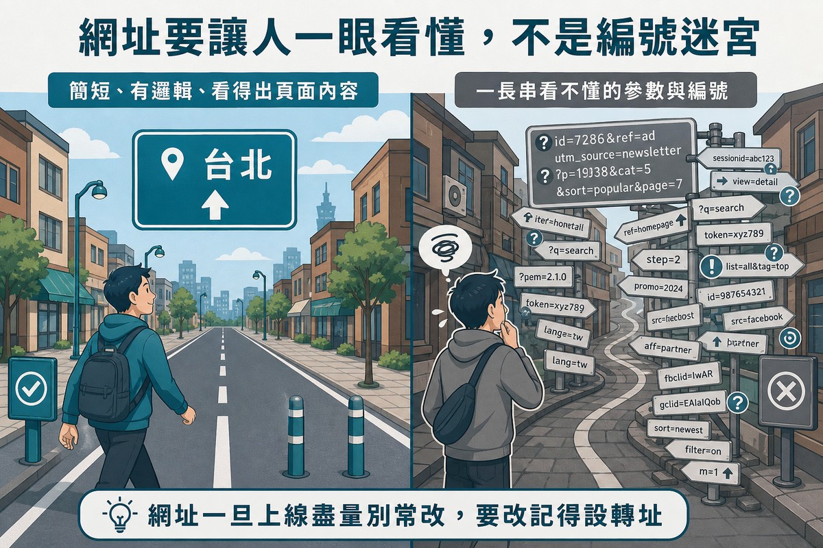 兩條並排道路對比，左邊筆直道路路牌簡潔清楚，右邊彎繞巷弄貼滿一堆編號路牌