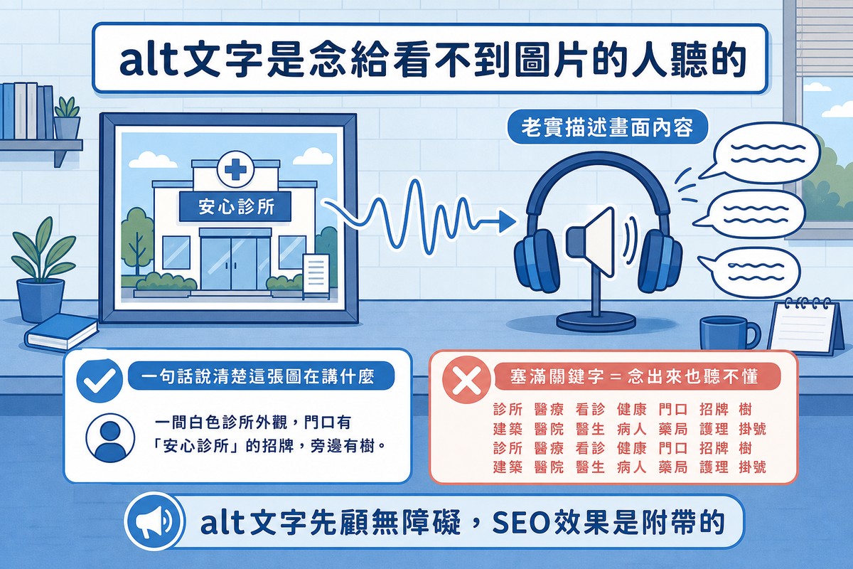 一張相框圖片透過聲波曲線連到耳機圖示表示描述被念出來，下方兩張對比小卡打勾與打叉示範