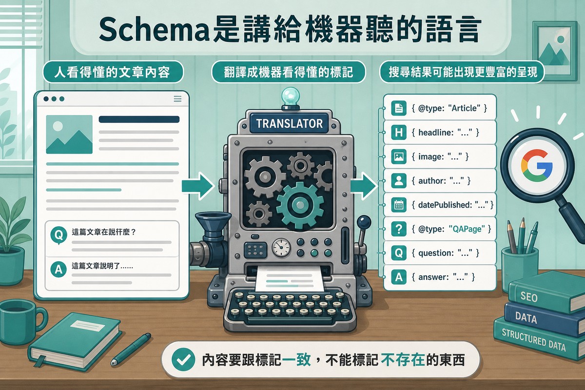 左側是網頁文章示意圖，中間一台復古翻譯機與齒輪裝置，右側吐出一排整齊的程式碼標籤方塊