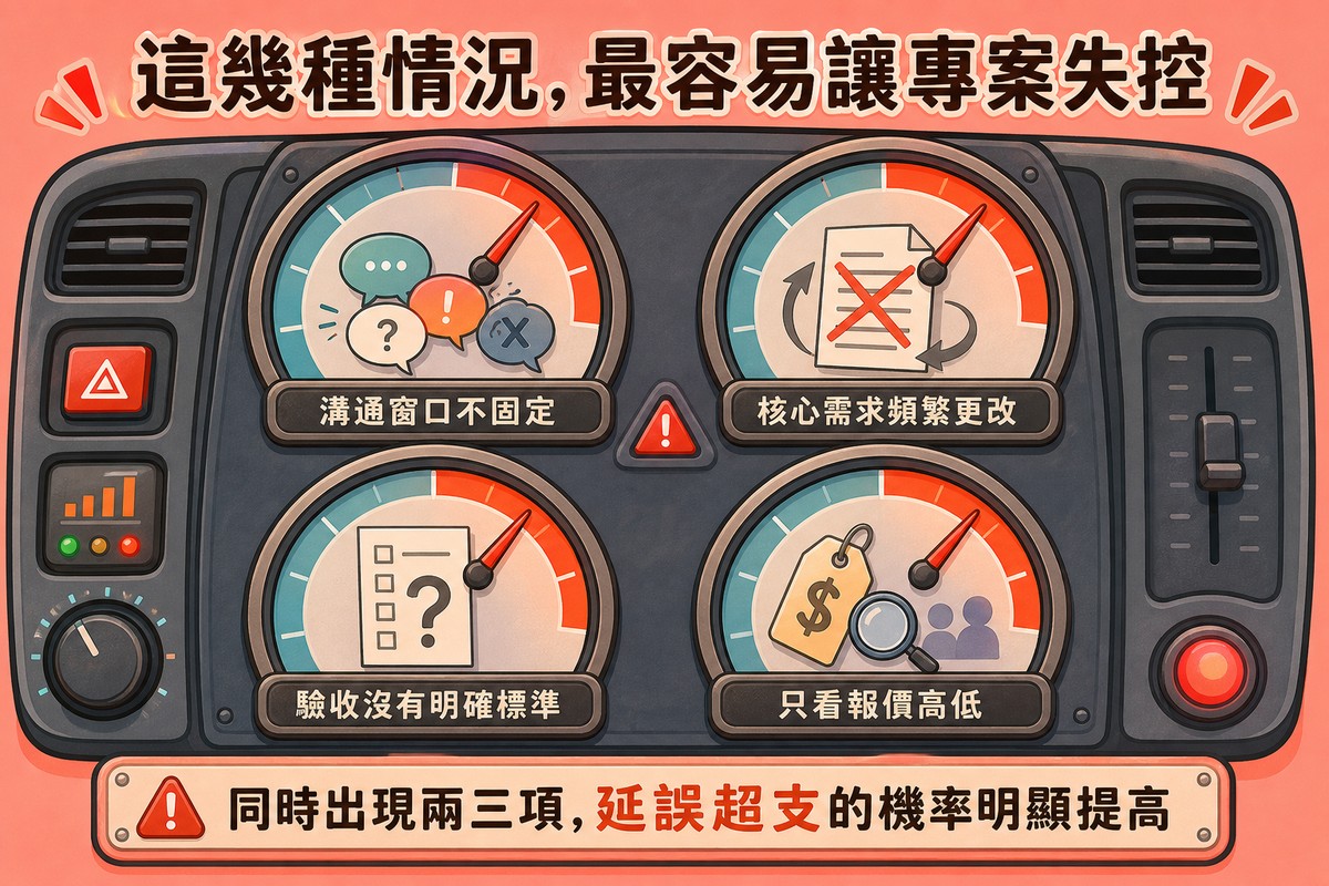 深灰色汽車儀表板上四個圓形儀表,指針都指向紅色警戒區,四個圖示分別代表溝通窗口不固定、核心需求頻繁更改、驗收沒有明確標準、只看報價高低,背景是鮮豔珊瑚粉色