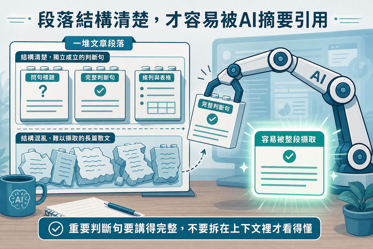 左側一排文章段落積木方塊，方正清楚的與歪斜破碎的對比，右側機械手臂正挑選方正的積木放進發光的摘要框