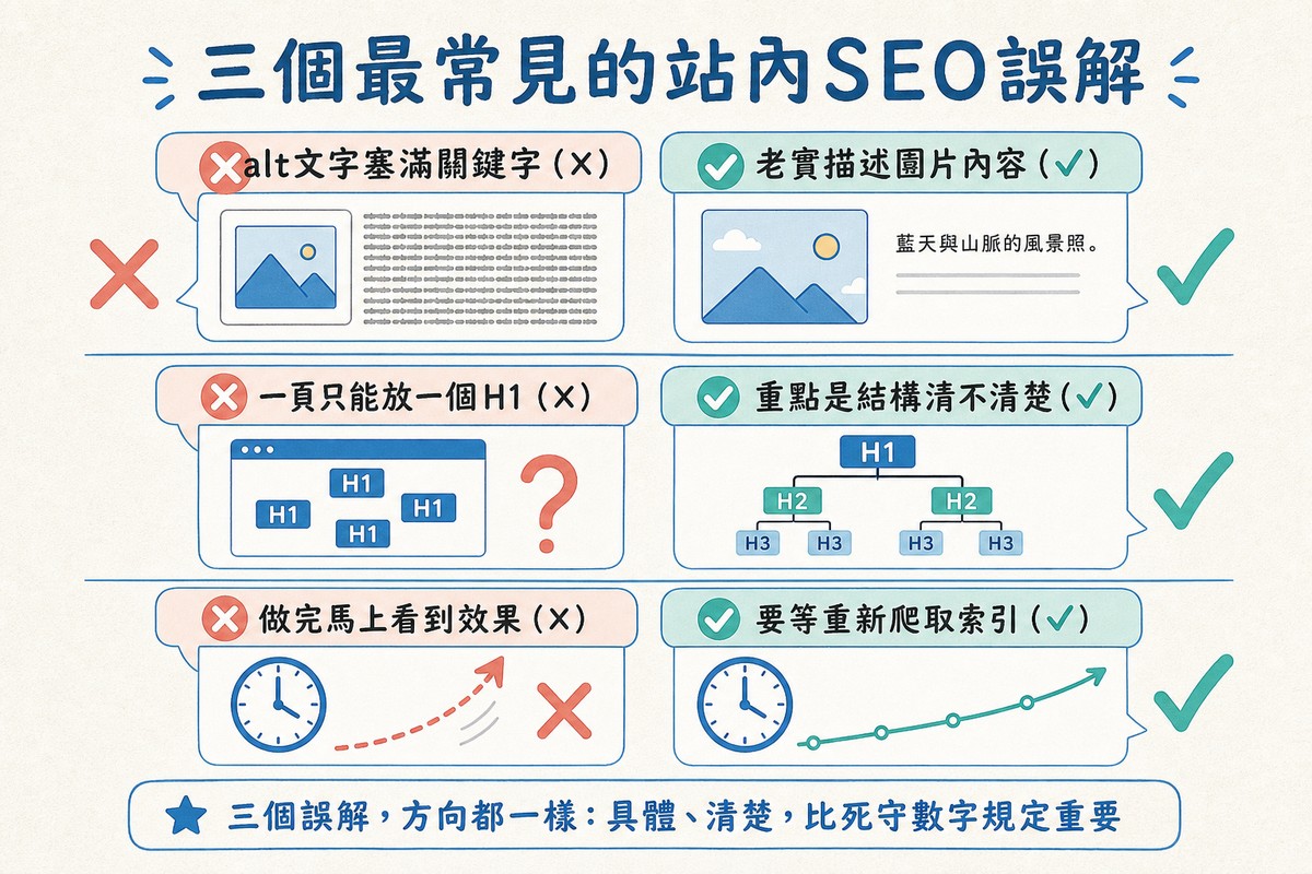 三組迷思與事實對照卡片，分別對應alt文字、H1數量、效果時間三個常見誤解