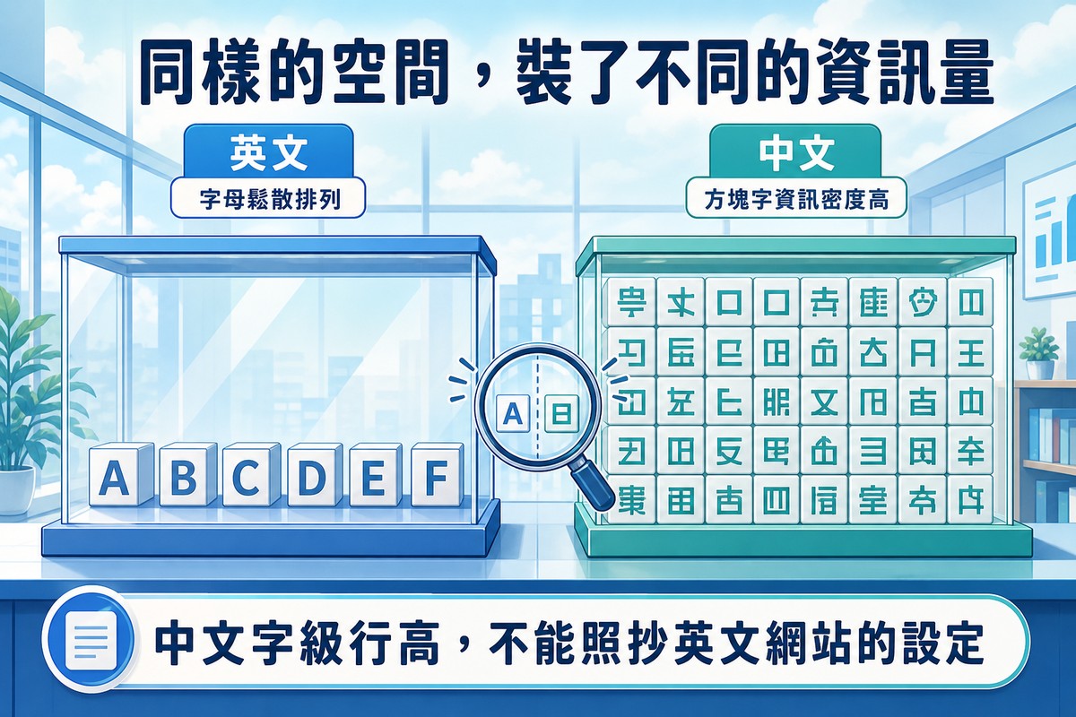 兩個透明展示櫃並排,左邊裝著鬆散排列的英文字母方塊ABCDEF,右邊裝著緊密堆疊的中文方塊字,中間有放大鏡凸顯密度差異