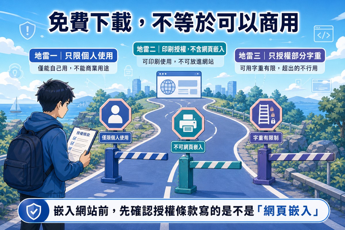 一條通往網站圖示的道路上,設置了三個不同顏色的路障告示牌,分別標示只限個人使用、不可網頁嵌入、字重有限制,一位設計師拿著授權條款清單走近查看