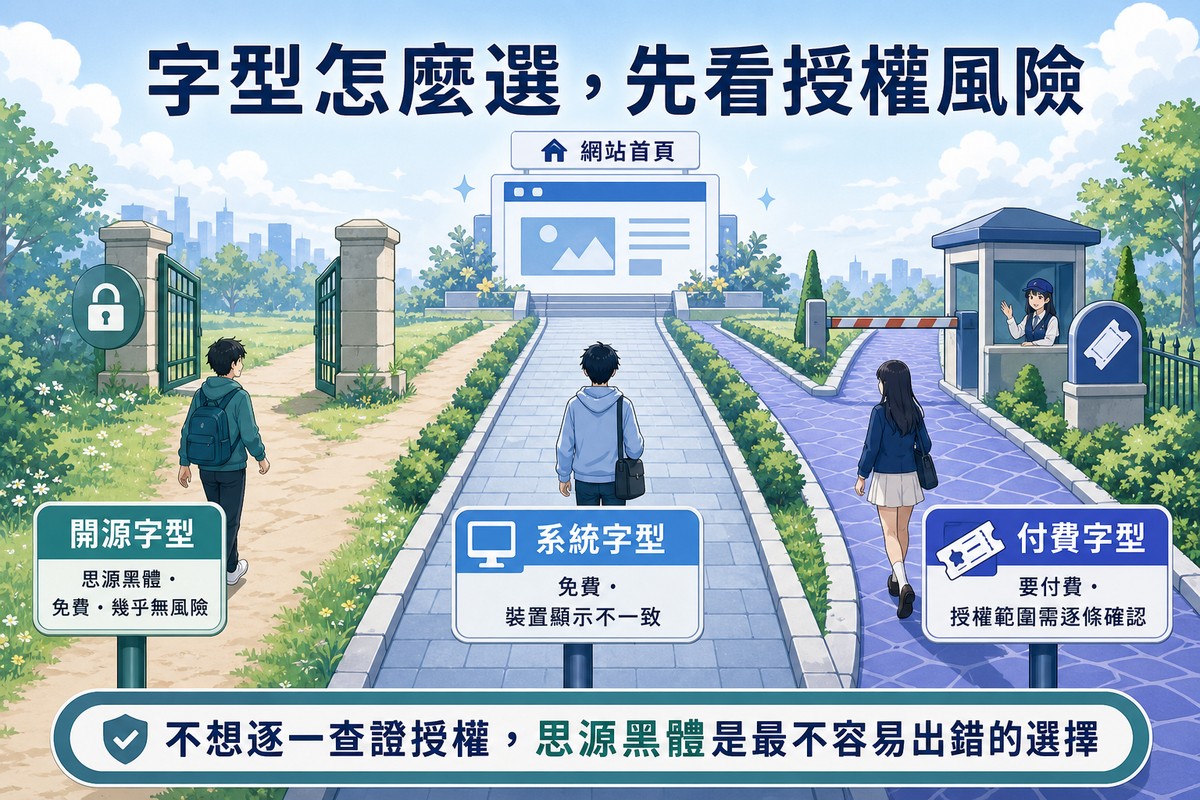 三條並排通往同一個網站首頁圖示的道路,左邊開放通道代表開源字型、中間已鋪好的路代表系統字型、右邊有收費閘門的路代表付費字型,各自有行人走在自己的路上