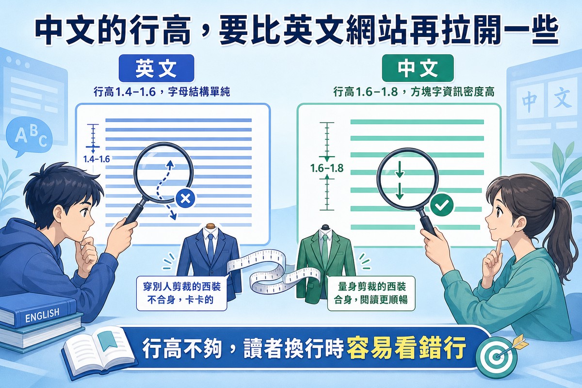 一男一女兩位角色分別用放大鏡檢視英文與中文的文字行距,中間有兩件西裝與量尺比喻合身與不合身的排版設定,數字標示英文行高1.4到1.6、中文行高1.6到1.8