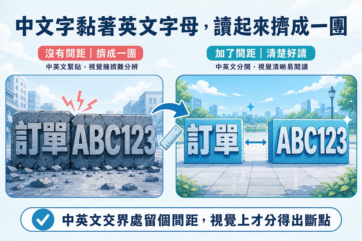 左右兩格對比石塊招牌,左邊「訂單」與「ABC123」字塊緊貼在一起裂開擠壓,右邊同樣的字塊之間留了間距顯得乾淨整齊