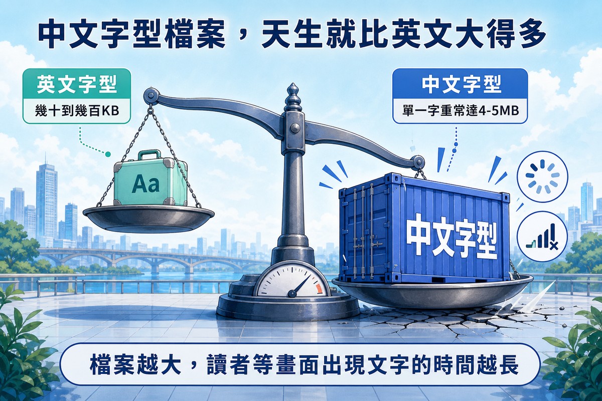 一座天秤,左邊秤盤放著小巧輕便的行李箱標示英文字型幾十到幾百KB,右邊秤盤放著沉重的貨櫃標示中文字型單一字重常達4到5MB,天秤明顯往右傾斜