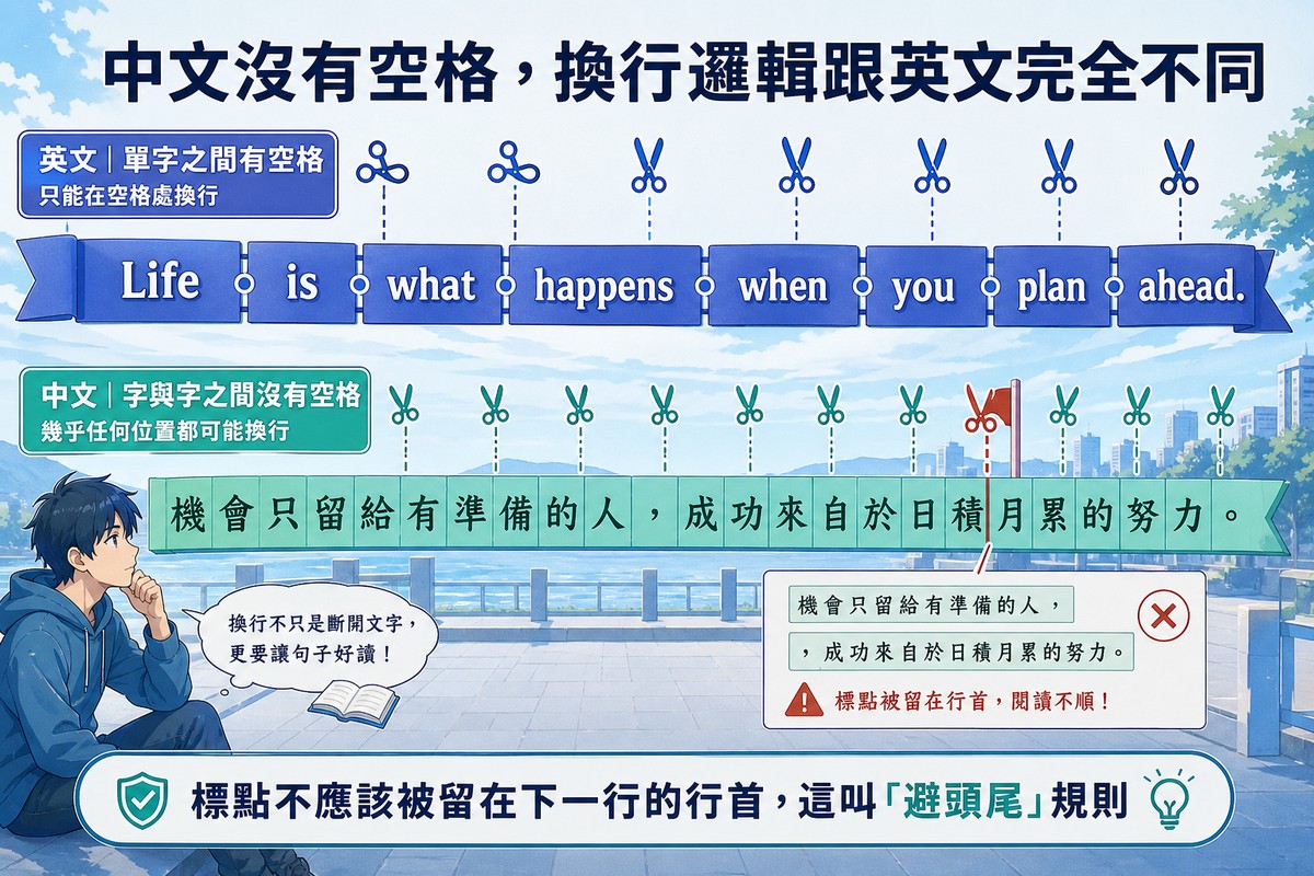上下兩條文字色帶,上方英文色帶由分開的單字方塊組成,中間有明確空格節點可供剪裁;下方中文色帶是連續不間斷的方塊,剪刀可在任何位置剪開,一處有警告旗標提醒標點不應留在行首