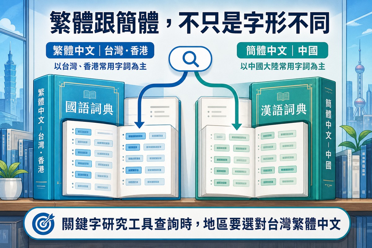 書架上並排放著兩本厚重詞典,左邊藍色書背寫繁體中文台灣香港,右邊綠色書背寫簡體中文中國,一個搜尋放大鏡圖示分岔指向兩本書內不同的詞彙結果,背景分別是台北101與上海天際線