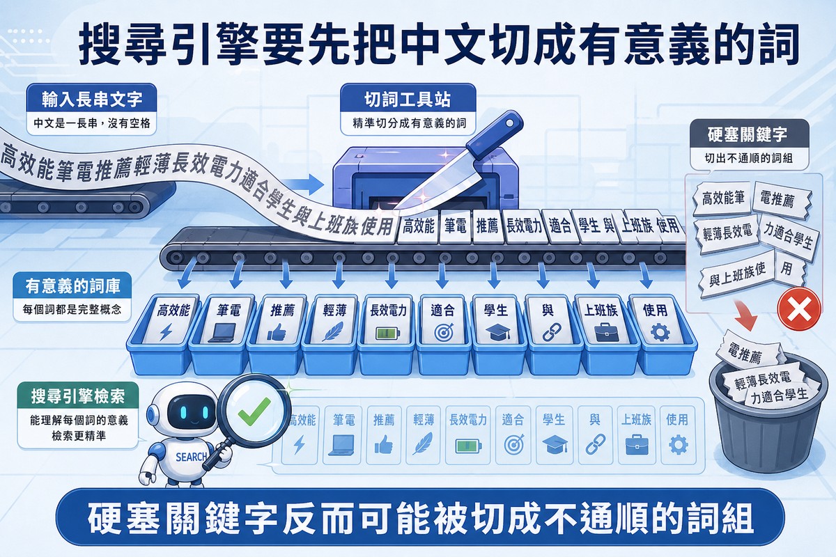 一長串沒有空格的中文句子經過輸送帶送進切詞工具站,被精準切成一格格有意義的詞彙方塊分類裝進標示好的箱子,一個機器人角色拿放大鏡檢查合格結果,旁邊展示被硬塞關鍵字切壞的錯誤詞組被丟進垃圾桶