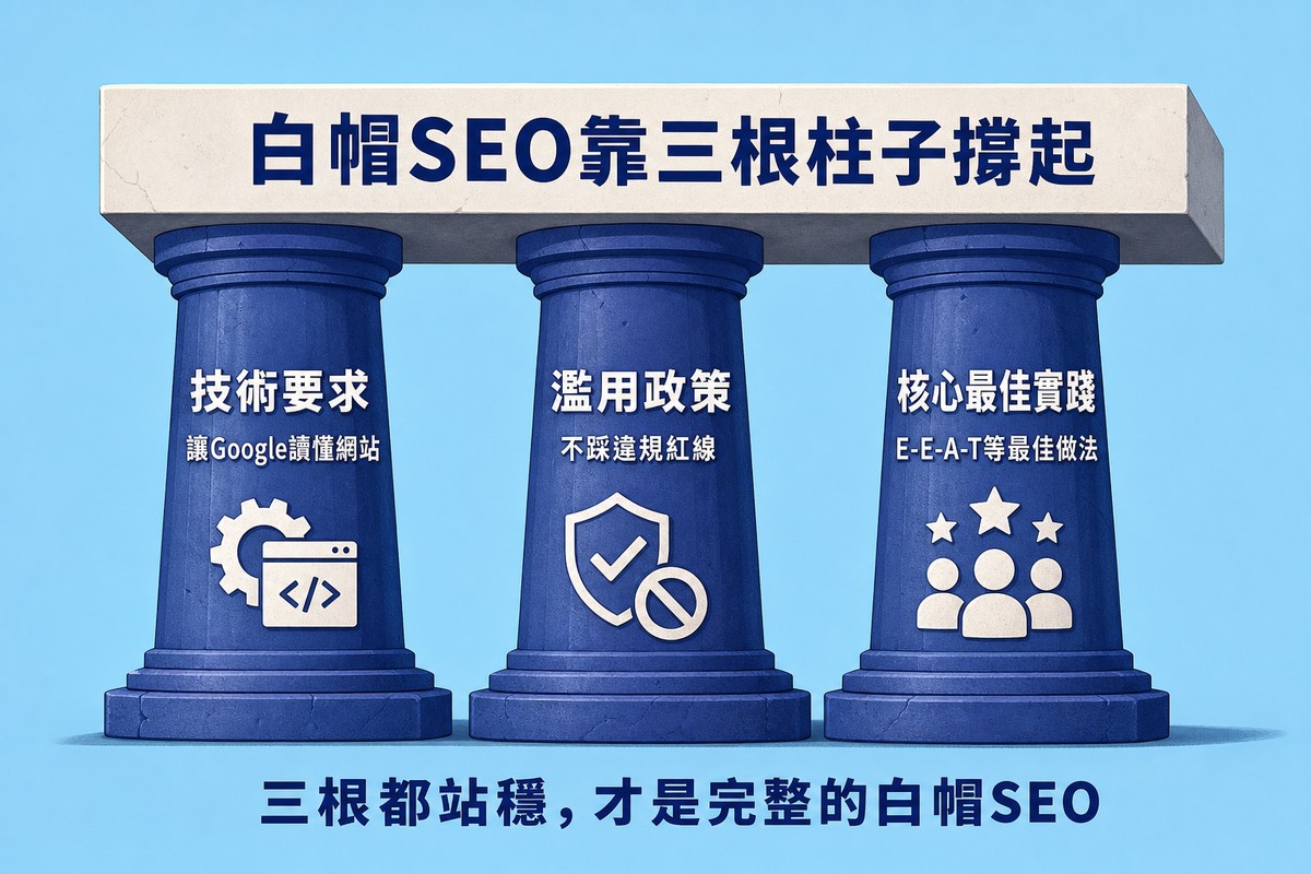 三根柱子分別標示技術要求、濫用政策、核心最佳實踐,撐起寫著白帽SEO靠三根柱子撐起的招牌,天空藍底配靛藍柱子
