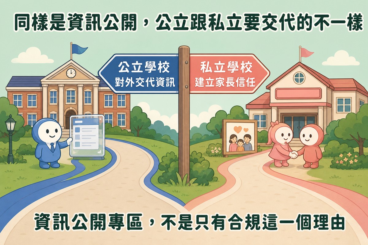 岔路示意圖,左岔路通往公立學校建築標示對外交代資訊,右岔路通往私立學校建築標示建立家長信任