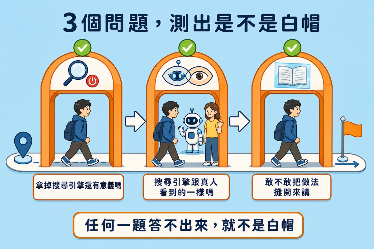 一個人依序走過三道拱門檢查哨,分別標示拿掉搜尋引擎還有意義嗎、搜尋引擎跟真人看到的一樣嗎、敢不敢把做法攤開來講