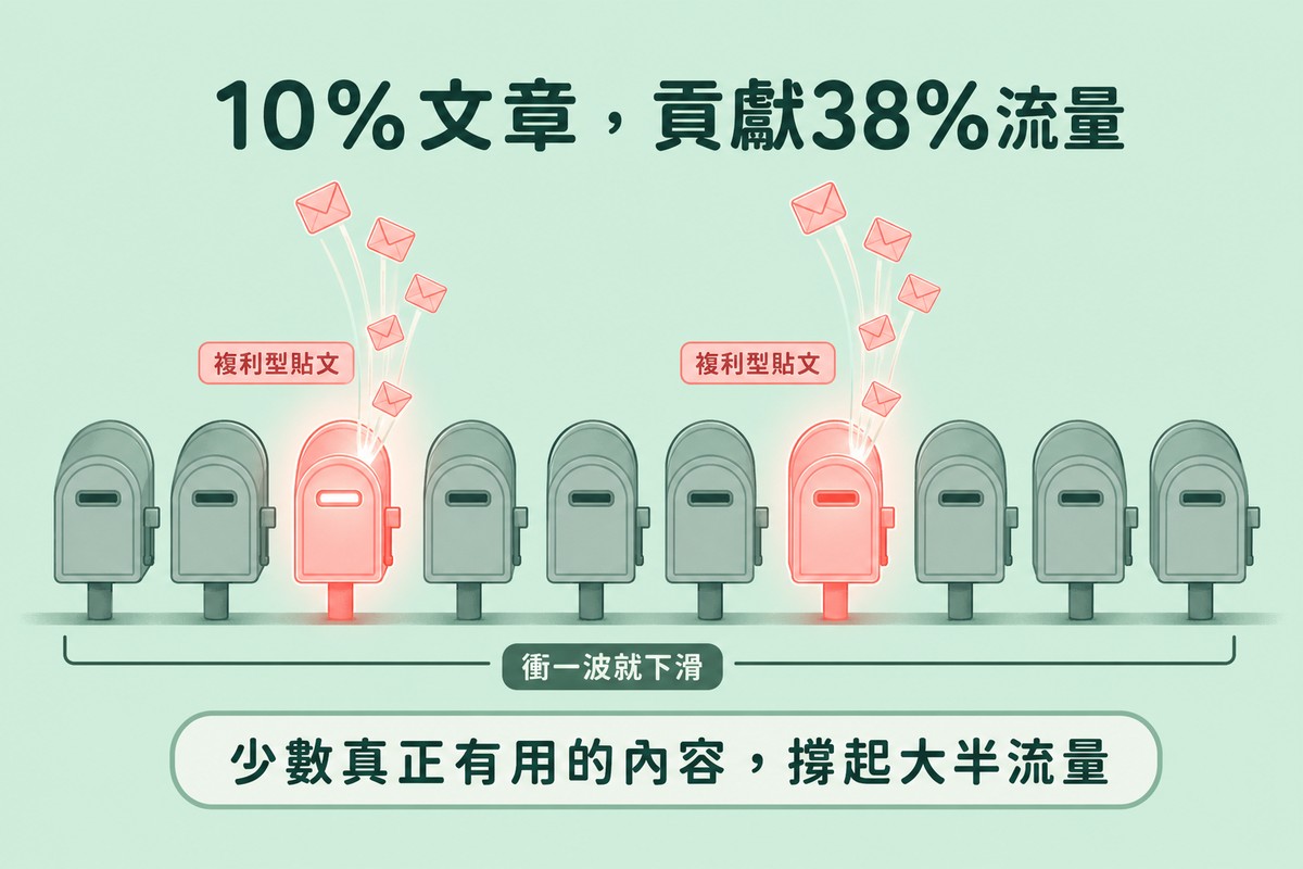 一排十個郵筒,其中兩個發光標示複利型貼文持續有信件飛入,其餘八個灰暗標示衝一波就下滑