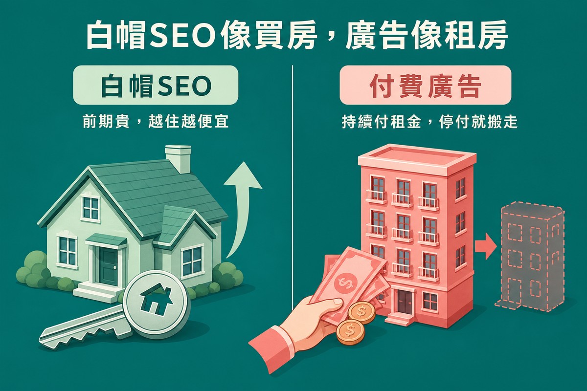 左側一棟房子配鑰匙標示白帽SEO前期貴越住越便宜,右側一棟公寓配現金標示付費廣告持續付租金停付就搬走