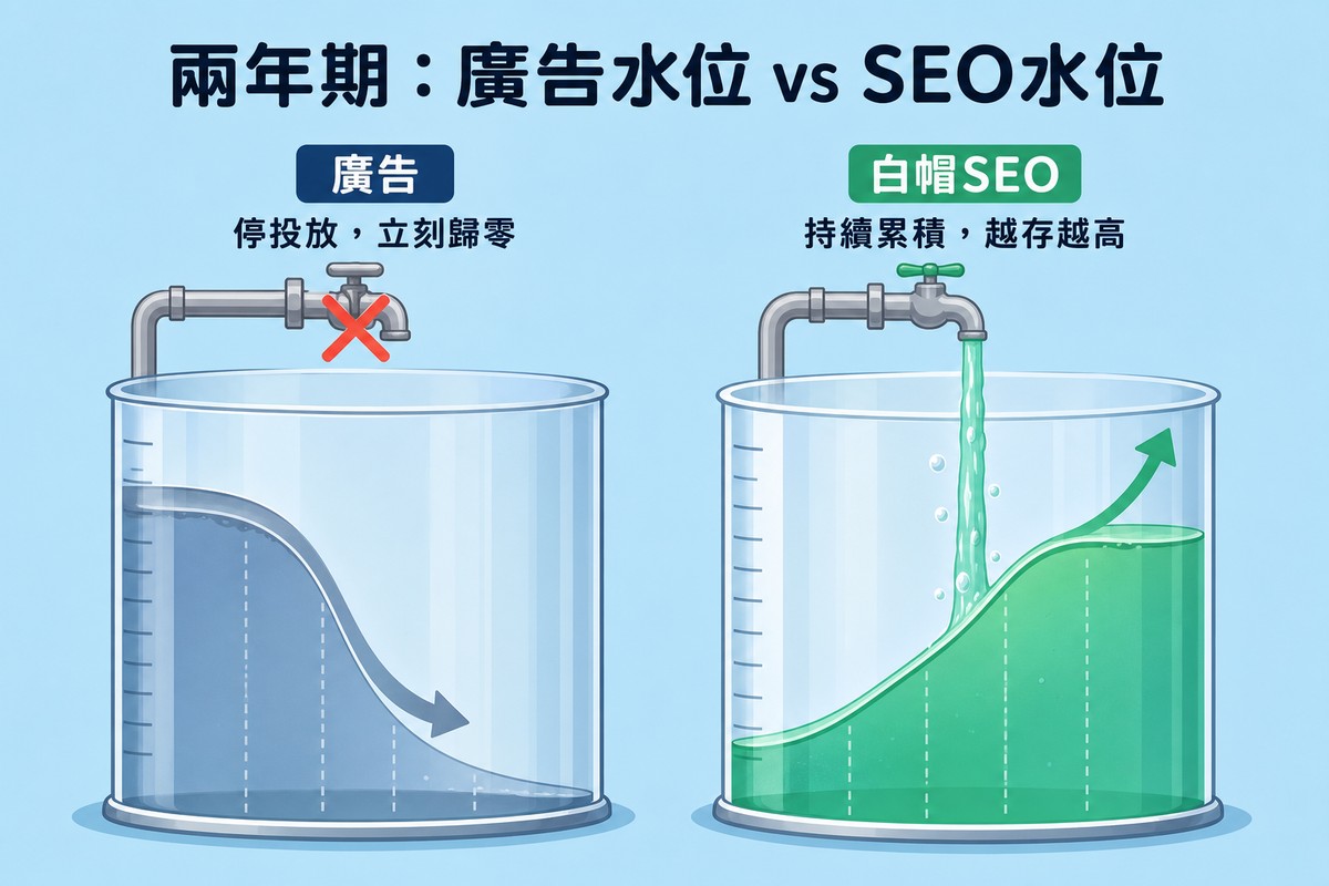 兩個透明水桶並排,左桶水龍頭關閉水位下滑標示廣告停投放立刻歸零,右桶水龍頭持續注水水位上升標示白帽SEO持續累積越存越高