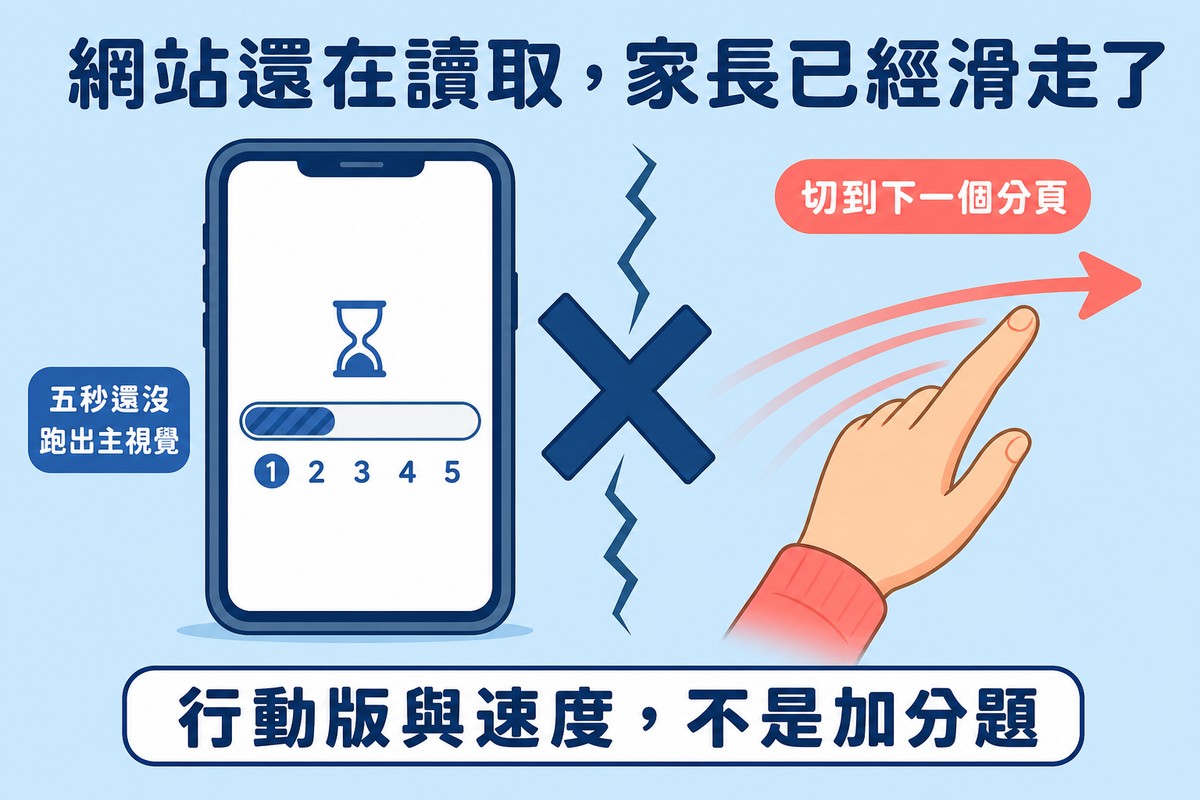 左右對照圖,左邊手機螢幕顯示五秒還沒跑出主視覺的載入進度條,右邊一根手指已經完成滑走切到下一分頁的動作