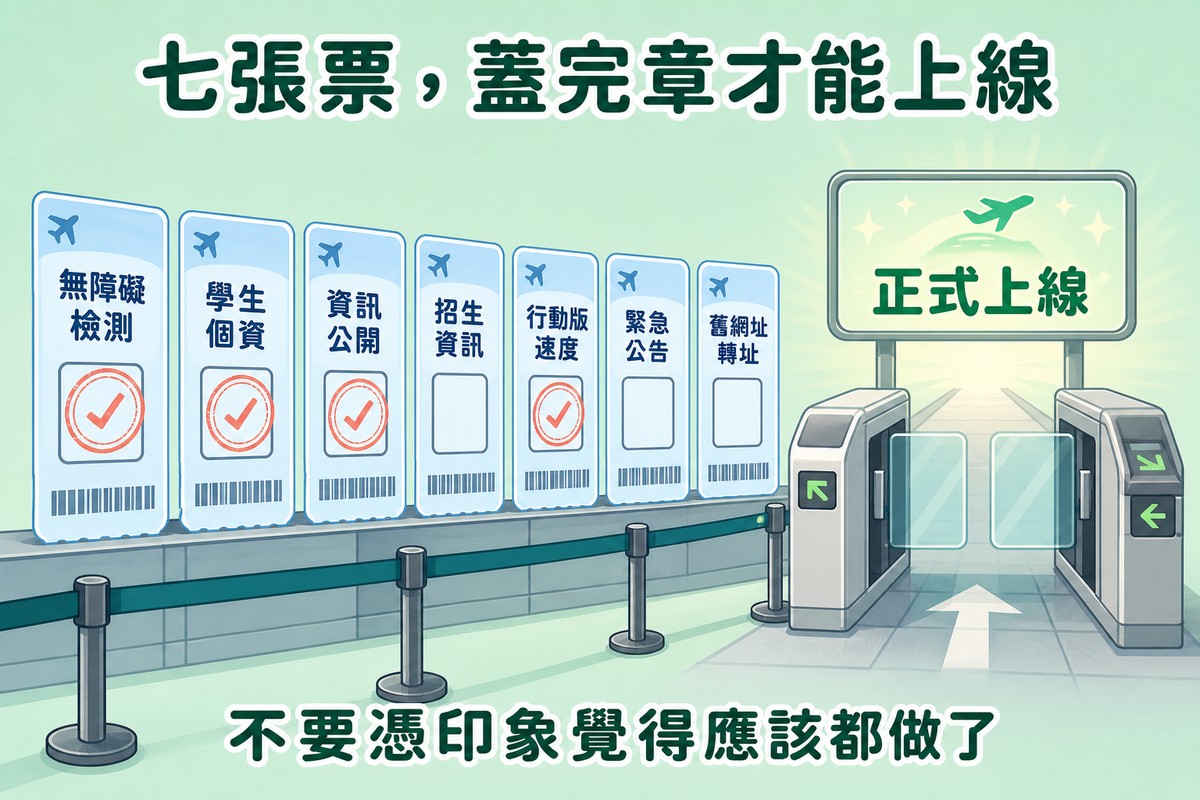 機場通關閘門圖解,七張票券分別寫著無障礙檢測、學生個資、資訊公開、招生資訊、行動版速度、緊急公告、舊網址轉址,部分已蓋核可章,閘門後方是正式上線標示牌