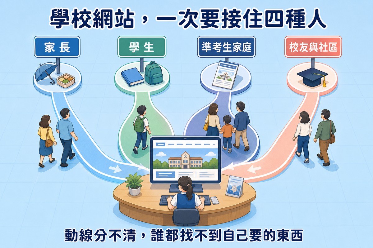 俯視學校大廳導引地標圖,四條顏色不同的路線分別通往家長、學生、準考生家庭、校友與社區四個指標牌,中央網站首頁螢幕接住四條路線的匯聚