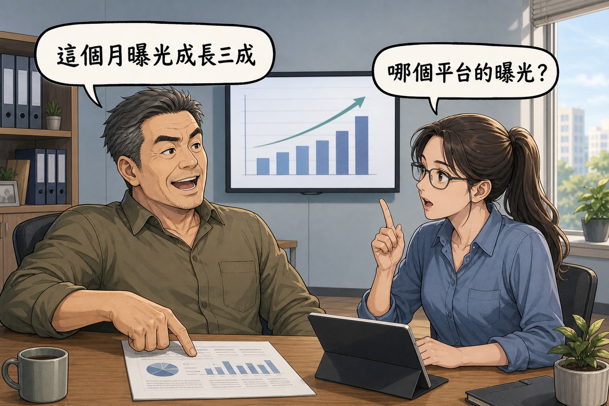 一位公司老闆與一位數據分析師在會議室對談,老闆拍著報表說「這個月曝光成長三成」,分析師舉起一根手指反問「哪個平台的曝光?」