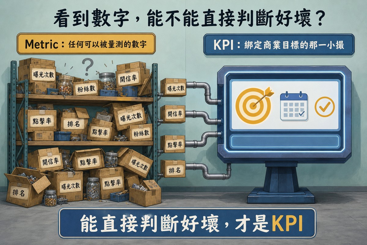 左邊倉庫貨架雜亂堆放標著曝光次數、粉絲數、開信率、點擊率、排名等紙箱與罐子，標示Metric；右邊有一台發光儀表板顯示靶心、日曆與勾選圖示，標示KPI，只有少數幾個紙箱經管線接到儀表板