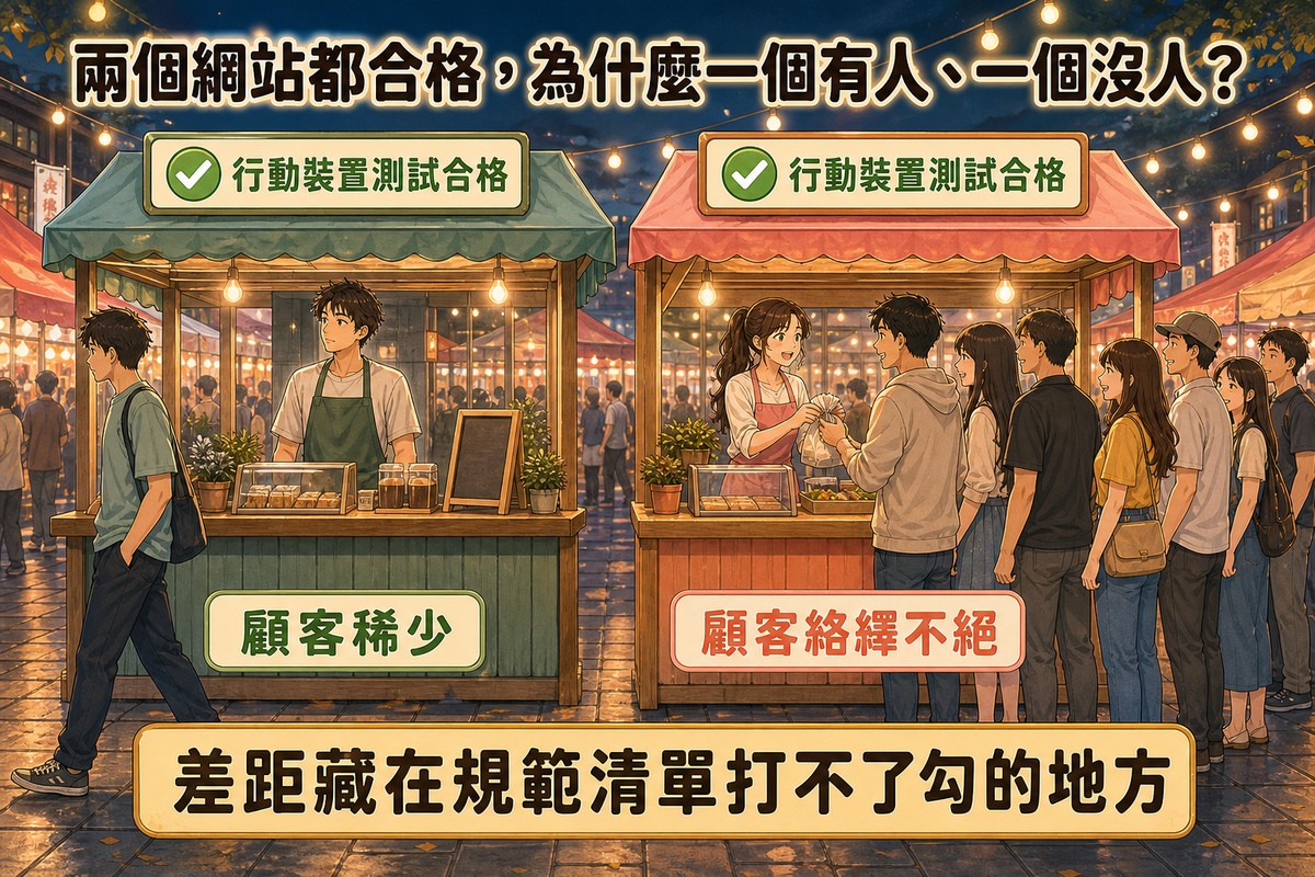 夜市兩個攤位對照,左邊綠頂攤位掛著行動裝置測試合格勾勾但只有一位顧客經過沒有停下,右邊紅頂攤位同樣掛著行動裝置測試合格勾勾卻大排長龍顧客絡繹不絕