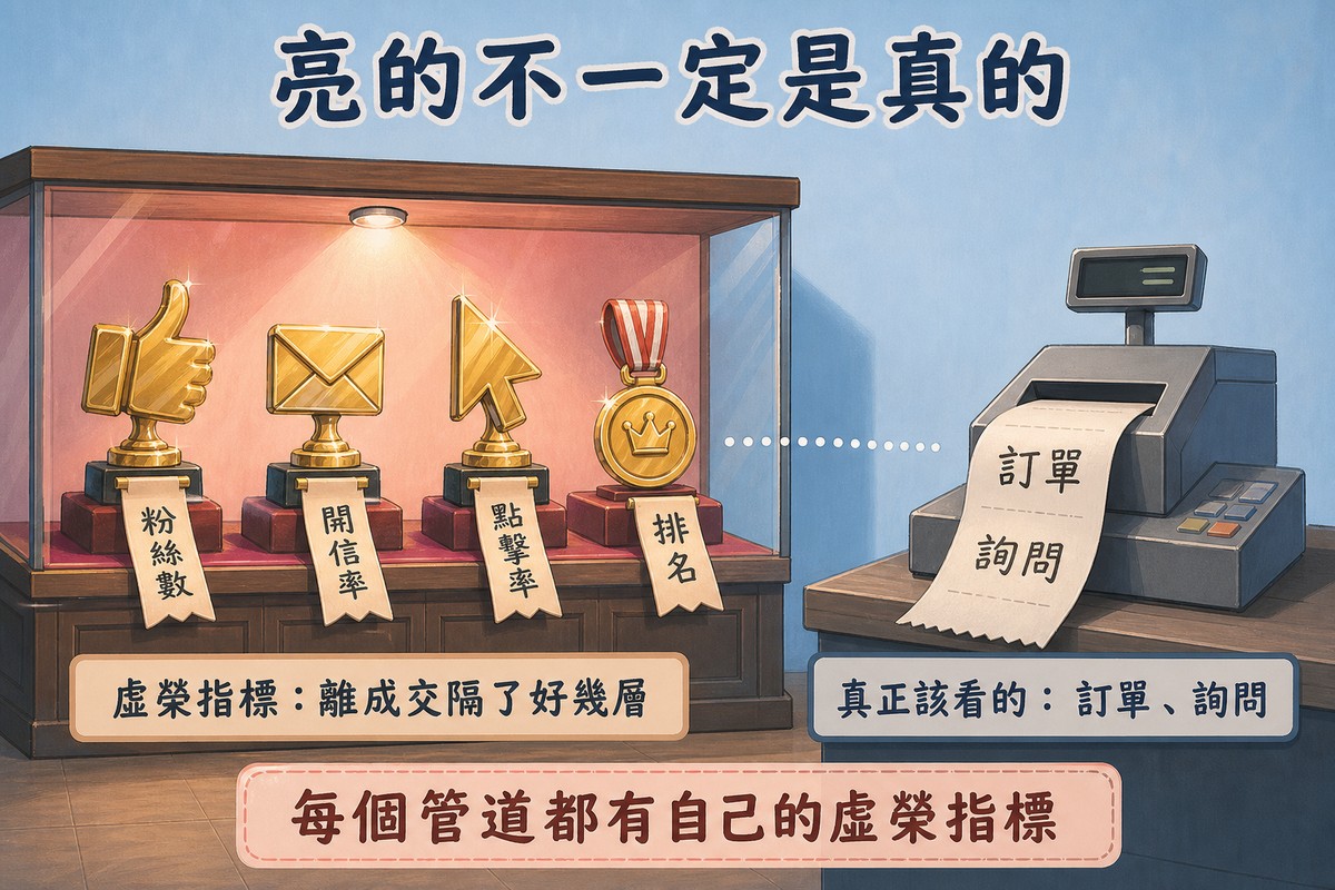 左邊玻璃展示櫃打著聚光燈陳列粉絲數、開信率、點擊率、排名四座金色獎盃，右邊櫃檯上一台老式收銀機正安靜印出寫著訂單、詢問的收據紙