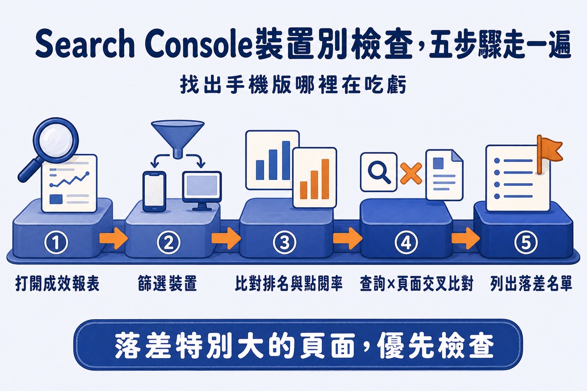 五個踏階組成的輸送帶流程圖,依序是放大鏡查看報表、漏斗篩選裝置成手機與桌機、兩個長條圖交叉比對、查詢與頁面打叉交叉比對、最後是插著小旗子的落差名單