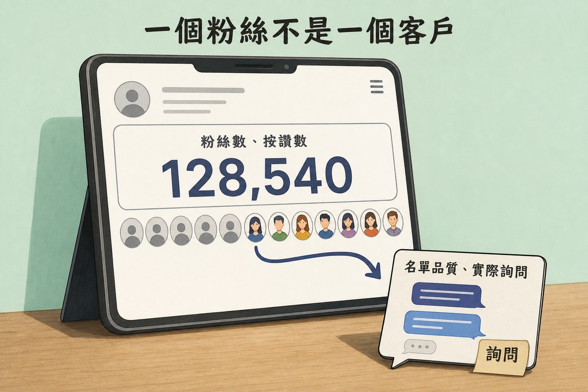 一台平板立在桌上顯示社群帳號頁面，粉絲數與按讚數大大顯示128540，下方一排大頭貼有一半是灰色空白剪影，只有彩色頭像有箭頭指向旁邊寫著名單品質、實際詢問的對話框卡片
