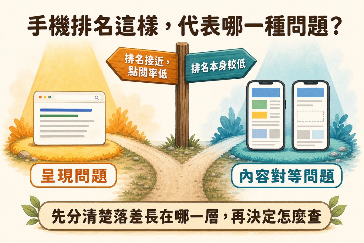 泥土路岔成兩條路,左路指向一張普通搜尋結果卡片代表排名接近點閱率低是呈現問題,右路指向兩個手機頁面外框一個完整一個內容區塊灰掉代表排名本身較低是內容對等問題