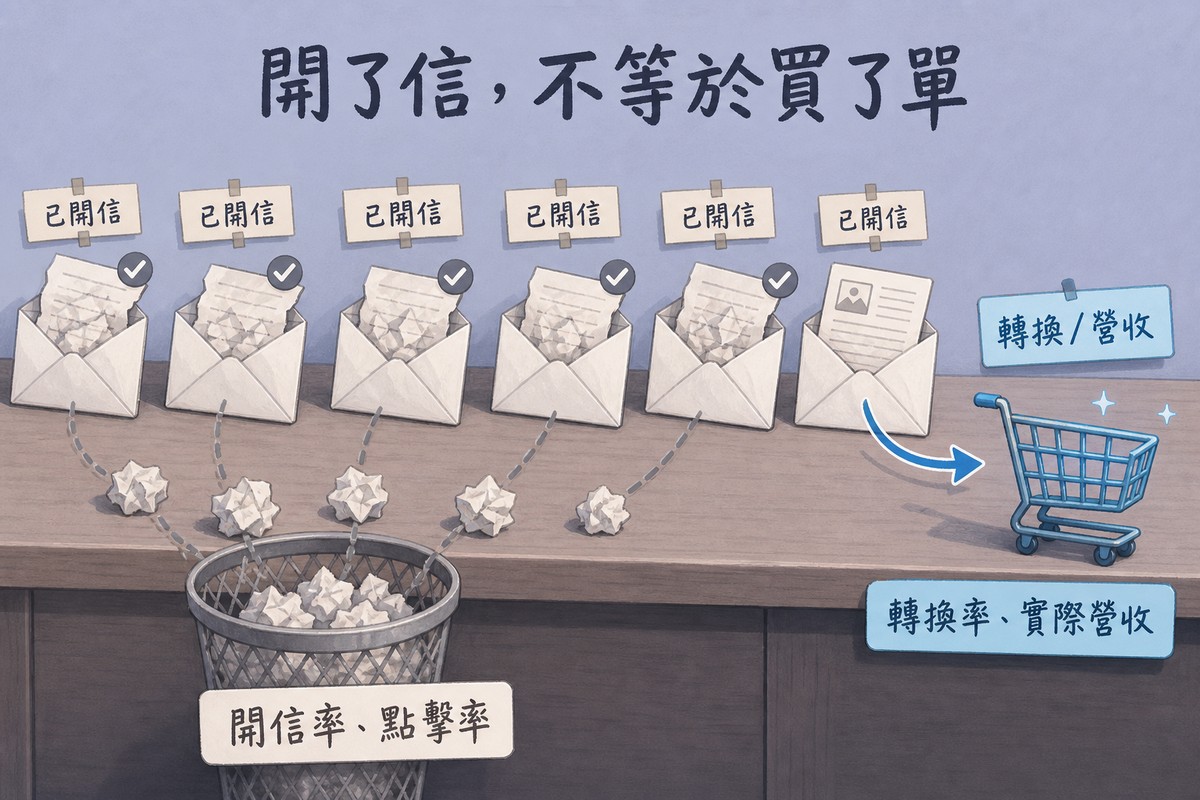 桌上排著六個標示已開信的打開信封，其中五個信紙揉成一團掉進垃圾桶，只有最右邊一個信封的內容轉變成購物車圖示並標示轉換／營收