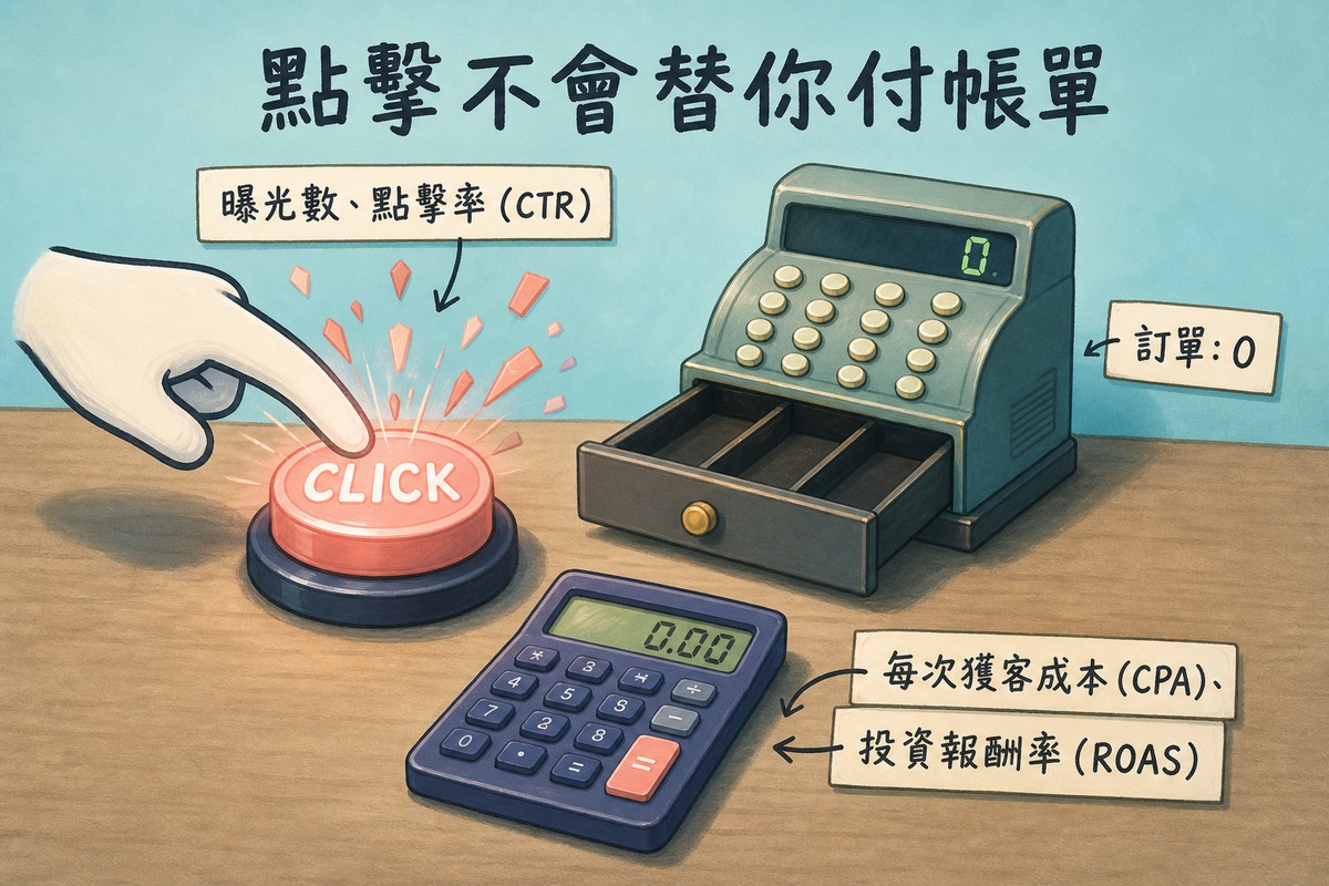 一根手指反覆按著發光的CLICK按鈕並濺出碎屑，標示曝光數、點擊率CTR；旁邊一台老式收銀機抽屜打開卻空無一物，顯示訂單0；下方一台計算機顯示0.00，標示每次獲客成本CPA、投資報酬率ROAS