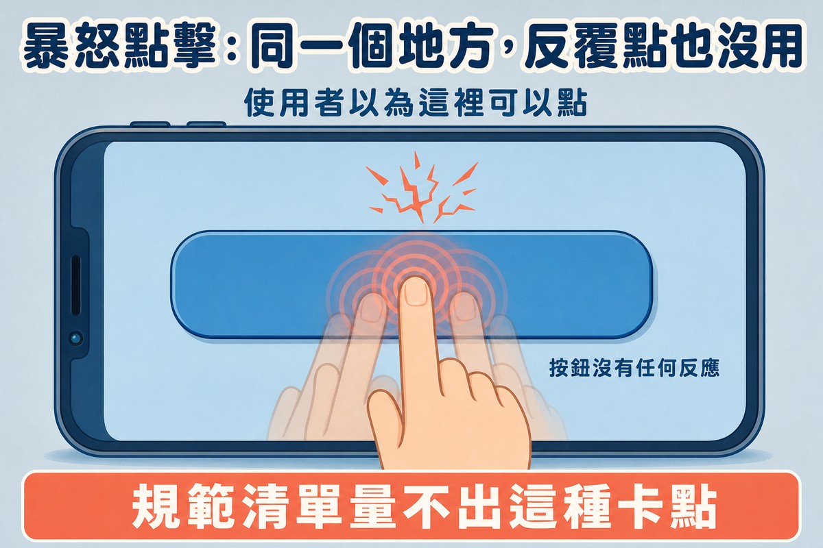 手機畫面裡一顆按鈕上疊著三四個半透明手指重複點擊的殘影與擴散波紋,按鈕本身毫無變化,上方有裂紋爆炸符號代表使用者反覆點擊卻沒有任何反應