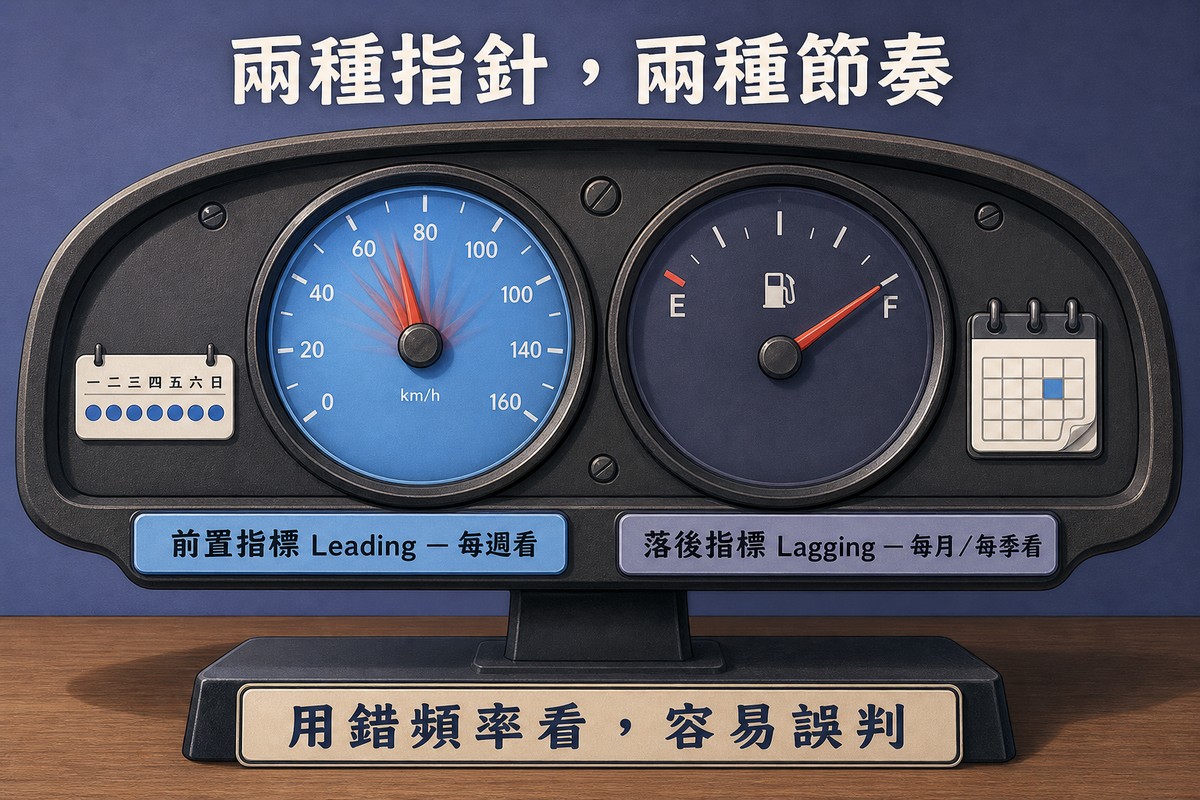 一塊儀表板上並排兩個圓形指針錶：左邊像時速表指針快速跳動標示前置指標每週看，右邊像油量表指針緩慢平穩標示落後指標每月每季看