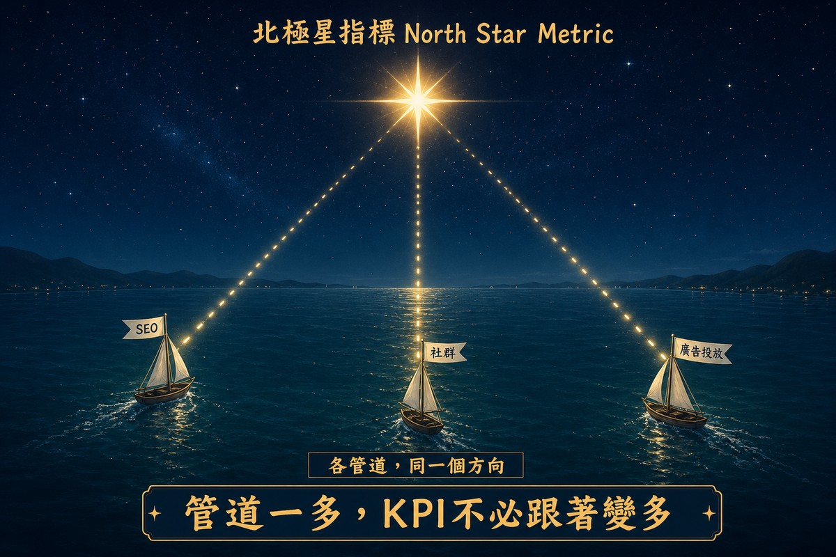 夜空中一顆特別明亮的北極星，海面上三艘標著SEO、社群、廣告投放旗幟的小帆船各自航行，每艘船都有一道發光虛線連向同一顆星星
