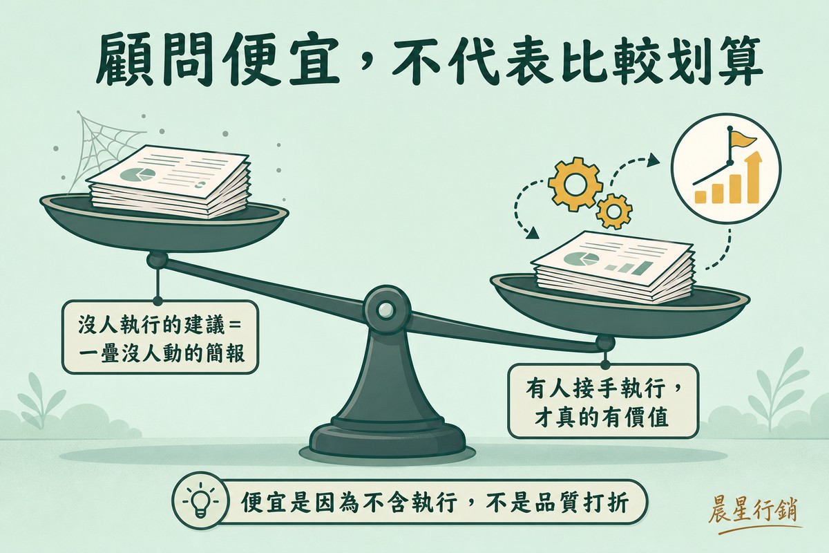 一座天秤，左邊托盤放著一疊蒙塵、角落有蜘蛛網的報告文件並且高高翹起，右邊托盤放著同樣的報告文件並連接著齒輪與一個上升的成果圖示，托盤明顯下沉，標籤寫「沒人執行的建議＝一疊沒人動的簡報」與「有人接手執行，才真的有價值」