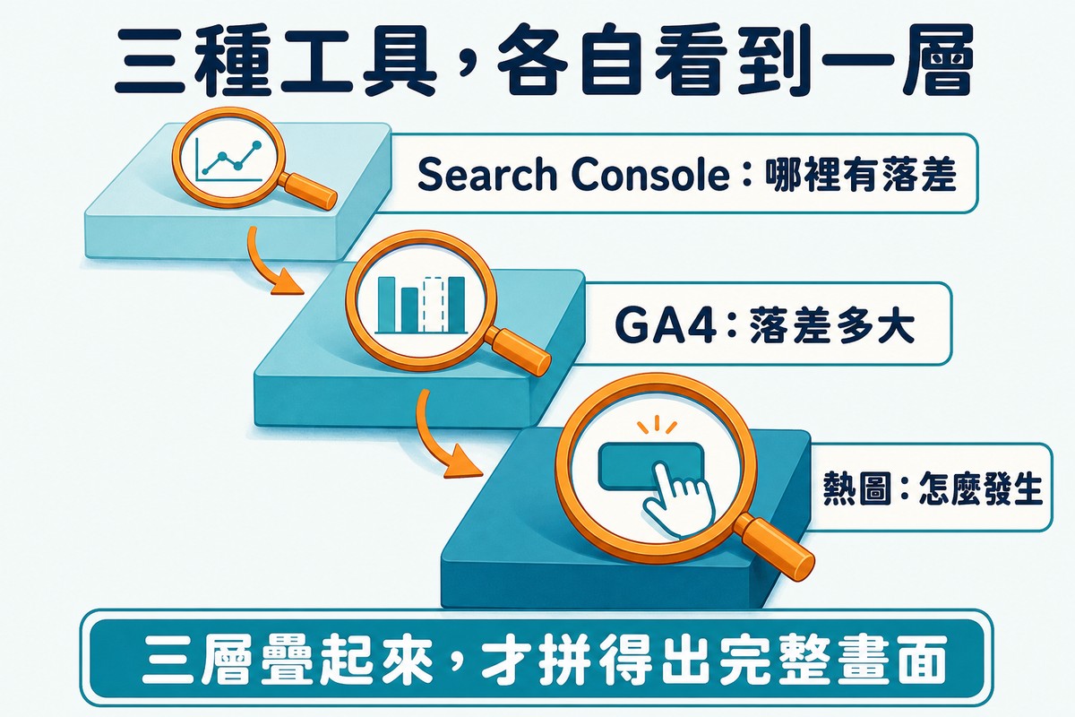 往下延伸的階梯,放大鏡由小到大,最上層小放大鏡照著折線圖代表哪裡有落差,中層放大鏡照著有缺口的長條圖代表落差多大,最下層最大放大鏡照著特寫的按鈕點擊代表怎麼發生