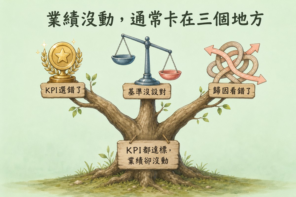 一棵樹幹上寫著KPI都達標、業績卻沒動，樹幹分成三根枝條，分別掛著金色獎盃標示KPI選錯了、一座失衡的天平標示基準沒設對、一團交錯打結的道路標示歸因看錯了