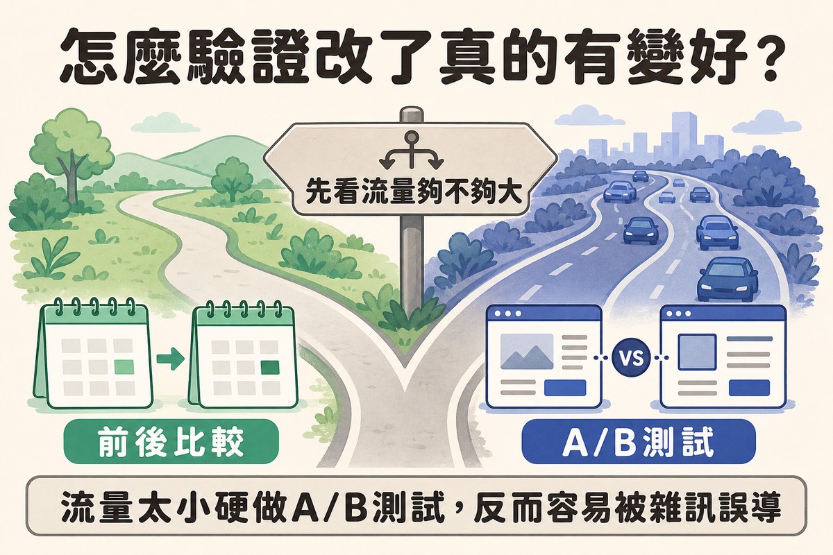 路標立在岔路口,左路較窄通往兩張並排月曆頁一張標before一張標after代表前後比較,右路較寬通往兩個並排瀏覽器視窗畫著不同版面代表A或B測試