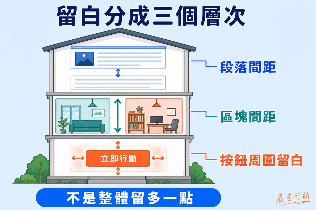 一棟三層樓房屋剖面圖,最上層標示段落間距,中間層標示區塊間距,最底層一個按鈕四周有虛線框住標示按鈕周圍留白