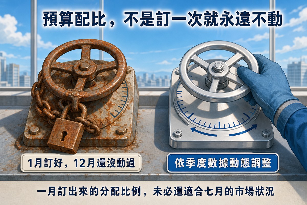 左右並排的兩個閥門手輪特寫；左邊的手輪佈滿鐵鏽、被一把生鏽掛鎖與鐵鏈牢牢鎖住無法轉動，標示一月訂好，十二月還沒動過；右邊的手輪光亮乾淨，一隻手正握著它轉動，周圍有清楚的刻度標記顯示可調整範圍，標示依季度數據動態調整，底部寫著一月訂出來的分配比例，未必還適合七月的市場狀況