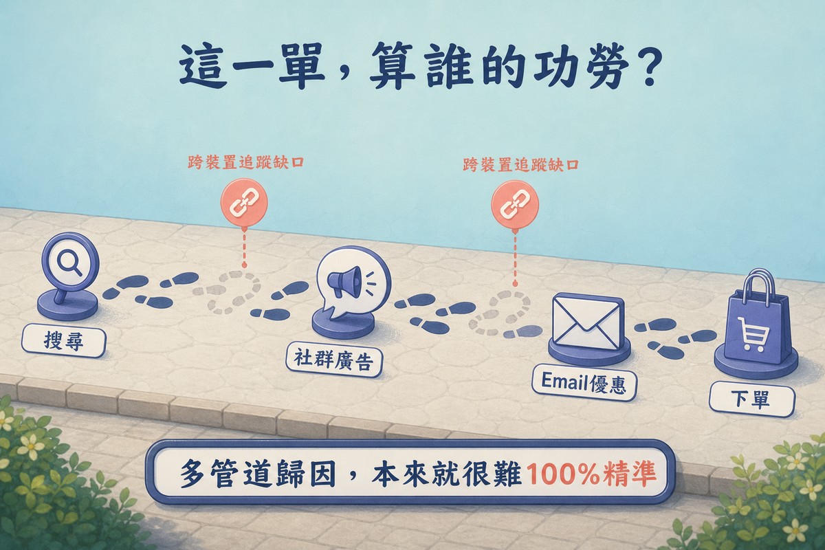 一條腳印小徑依序經過搜尋、社群廣告、Email優惠圖示最後抵達下單購物袋圖示，途中兩處腳印變得虛線斷開標示跨裝置追蹤缺口