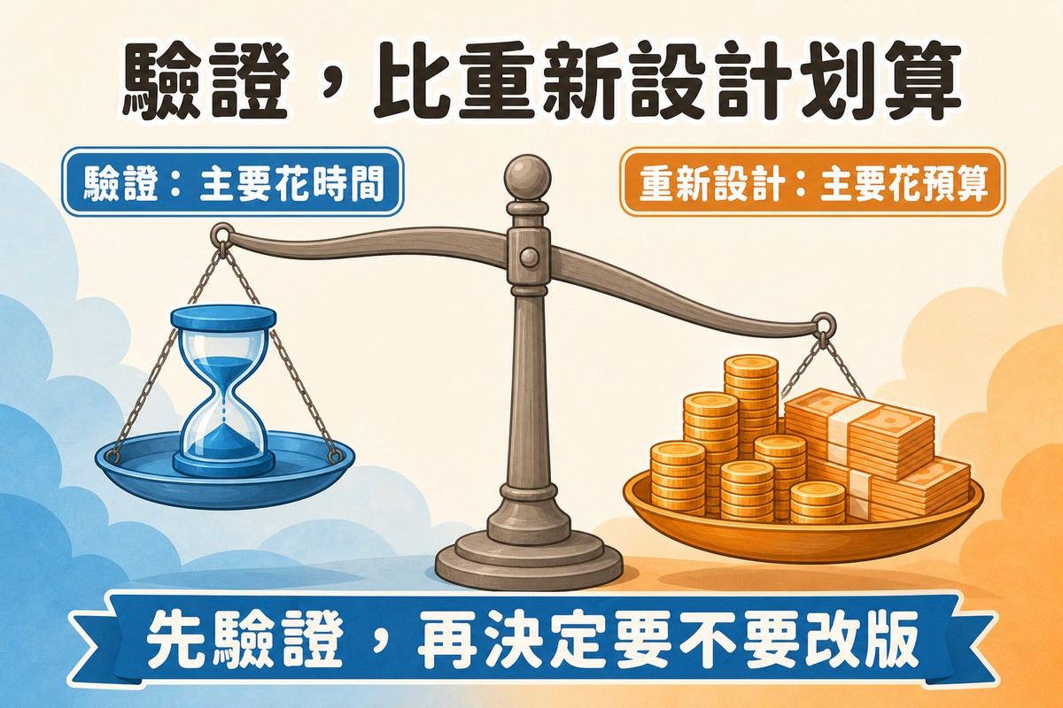 一座天秤,左邊秤盤輕輕上揚放著一個沙漏代表驗證主要花時間,右邊秤盤沉重下壓放著一疊硬幣與鈔票代表重新設計主要花預算