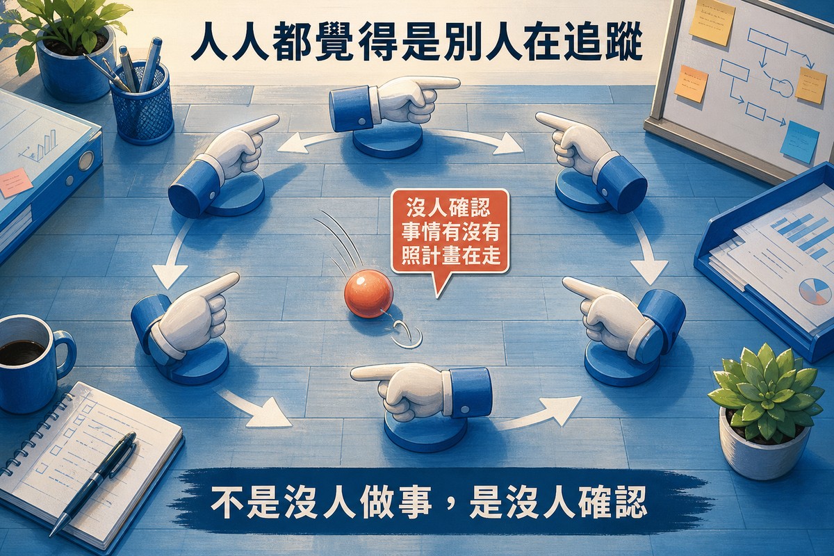 多隻手臂圍成一圈，每隻手都伸出食指指向隔壁那隻手，標示大家都覺得是別人在追蹤；畫面正中央地上一顆橘色球剛好掉落並帶著滾動軌跡，旁邊有對話框寫著沒人確認事情有沒有照計畫在走，底部寫著不是沒人做事，是沒人確認