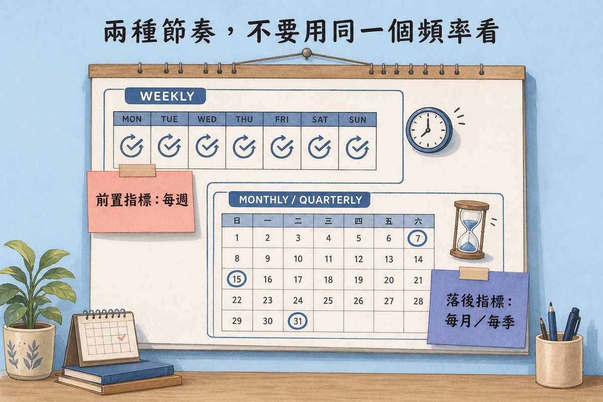 牆上掛著一本雙層行事曆，上半部WEEKLY七天格子每天都有循環箭頭圖示並貼著寫前置指標每週的粉色便利貼，下半部MONTHLY／QUARTERLY月曆圈出幾個日期並貼著寫落後指標每月每季的藍色便利貼