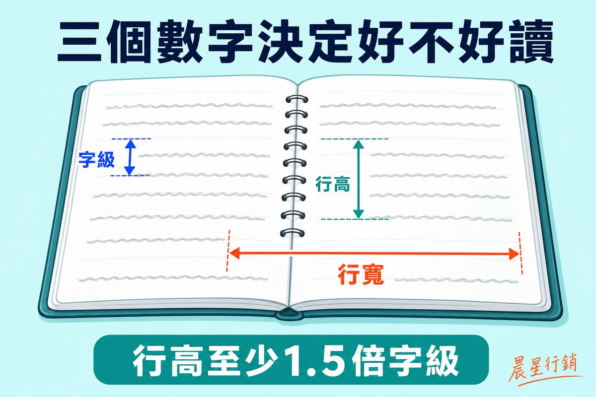 一本攤開的筆記本,內頁用雙箭頭分別標示單行文字的字級高度、行與行之間的行高間距、以及一行文字的行寬